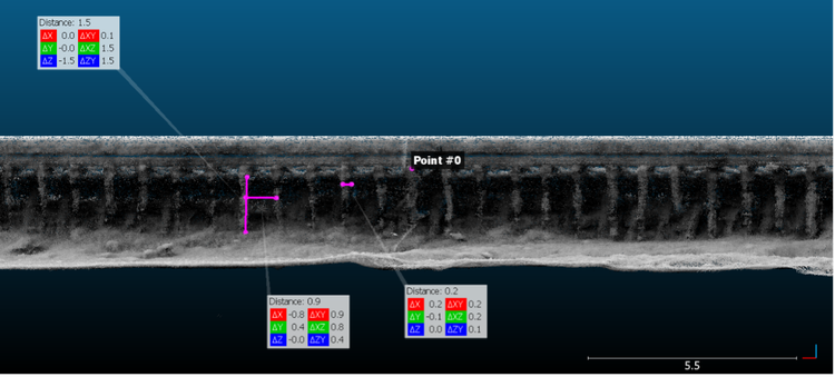 Front view of subsampled 3D point cloud at the Overamstel site indicating free pile length, in-between pile distance and pile diameter